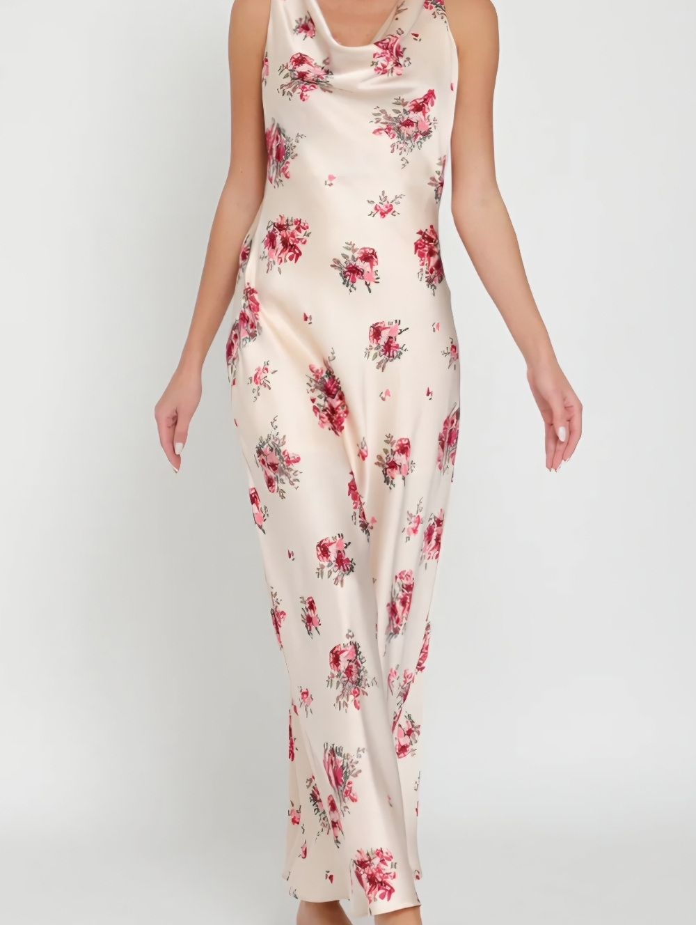 AAKA SATIN COWL NECK SLUP MAXI DRESS
